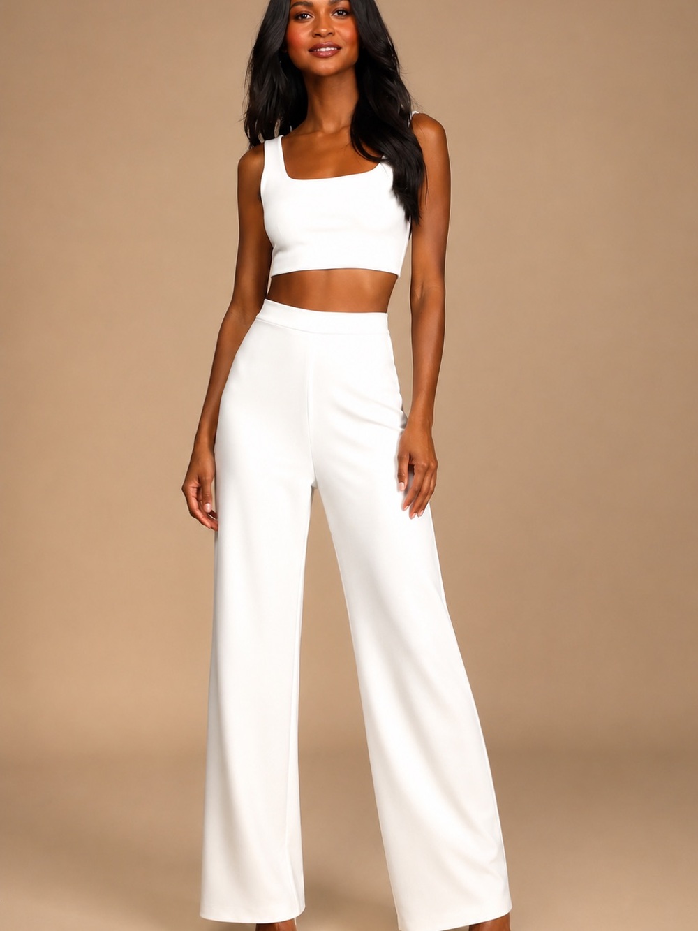 Lulus two-piece only tonight ivory high-waisted wide-leg pants with crop top